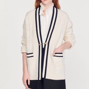 Sandro Erwan Cream Pointelle Knit Cardigan Size 1